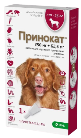 Принокат 250 мг+62,5 мг капли на холку для собак 10-25 кг 1 пипетка 2,5 мл