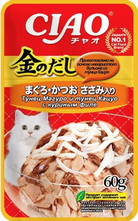 INABA CIAO Kinnodashi Тунец Магуро и тунец Кацуо с куриным филе 60 g для кошек