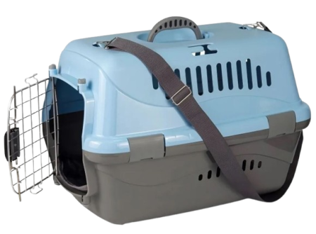 Zooexpress Переноска Турне L АВИА 54,5*36*34 см c металлической дверцей (коврик+ремень) Голубая